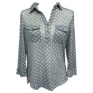 Polly & Esther Women's Large Blue White Polka Dot High Low Quarter Button Blouse